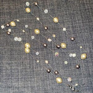 Beautiful Delicate Gray Long Beaded Pearl Statement Necklace Silvertone